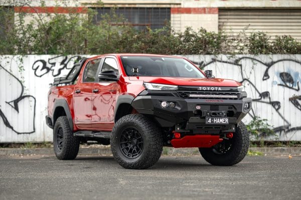 Hamer King Series bull bar fitted on Toyota Hilux N90 2026 - matte black powder coated bumper replacement with LED lighting