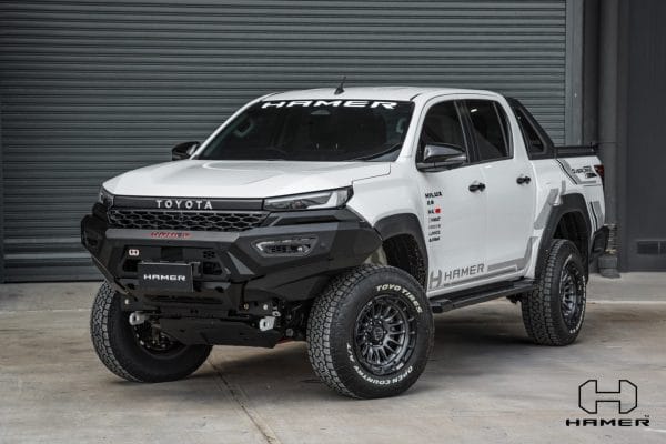 Hamer Atlas Series bull bar fitted on Toyota Hilux N90 2026 matte black powder coated full bumper replacement with LED lighting